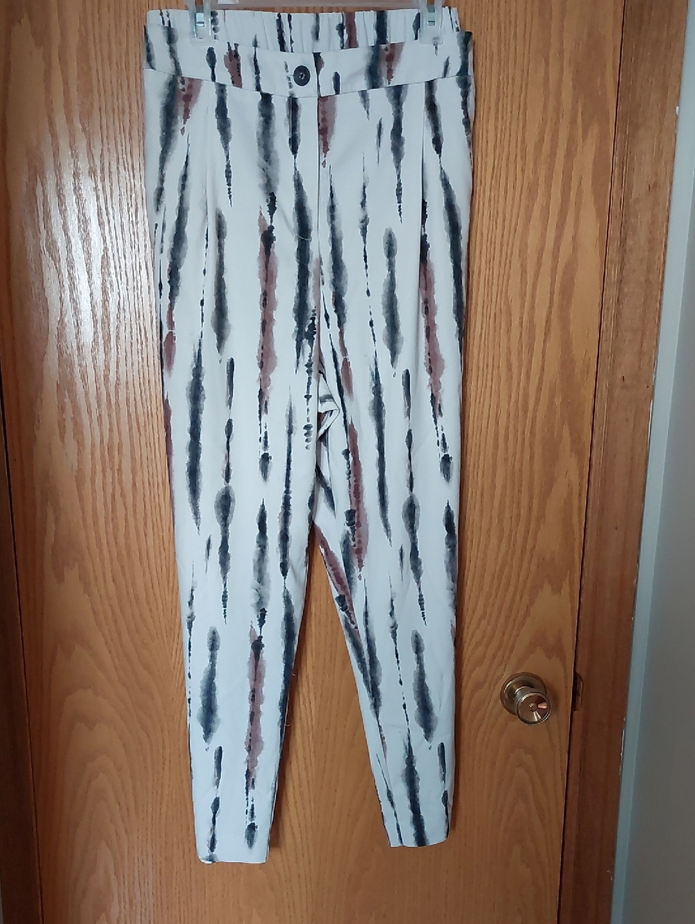 Addition Elle White Trousers with Black and Brown Brushstroke Detail